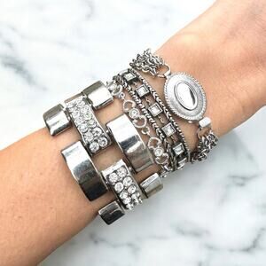 Vintage Silver Tone Rhinestone Bracelet Chunky Chain Stack Napier Avon Layered